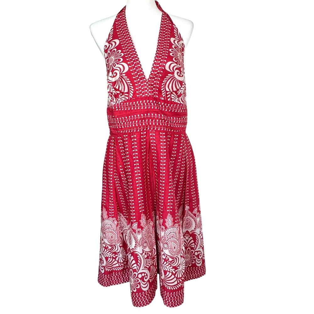 ROBBIE BEE Size 16 Vintage Red White Paisley Halter Dress Sleeveless Fit & Flare